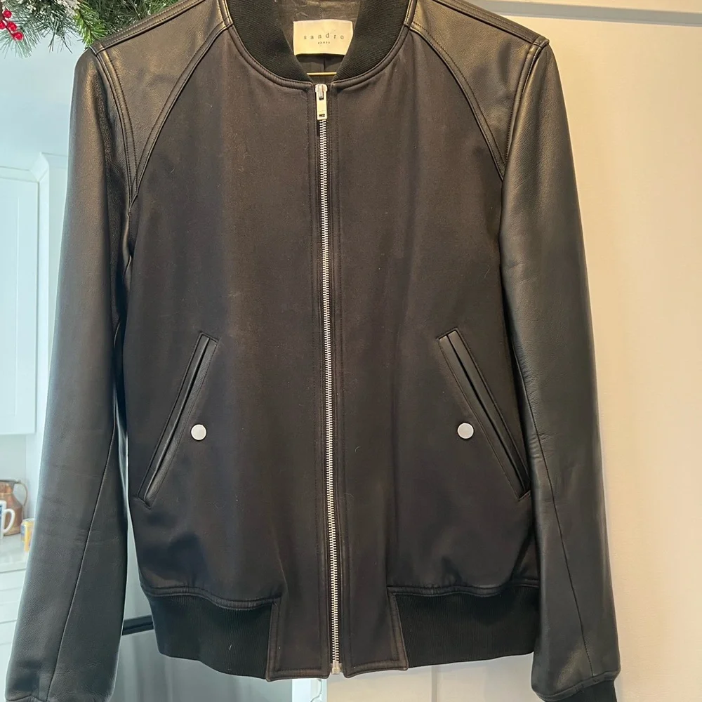 Sandro leather sleeve bomber jacket - Picture 1 of 5